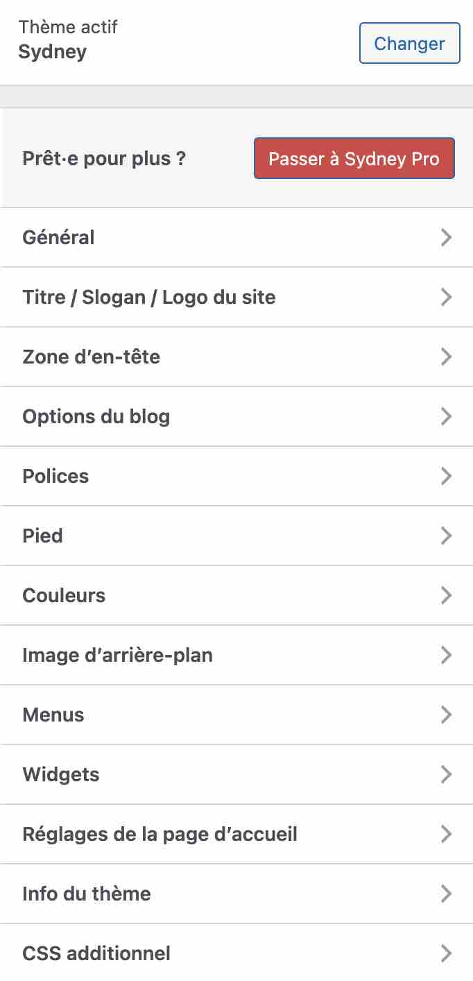 Les réglages de Sydney sur l'Outil de personnalisation.