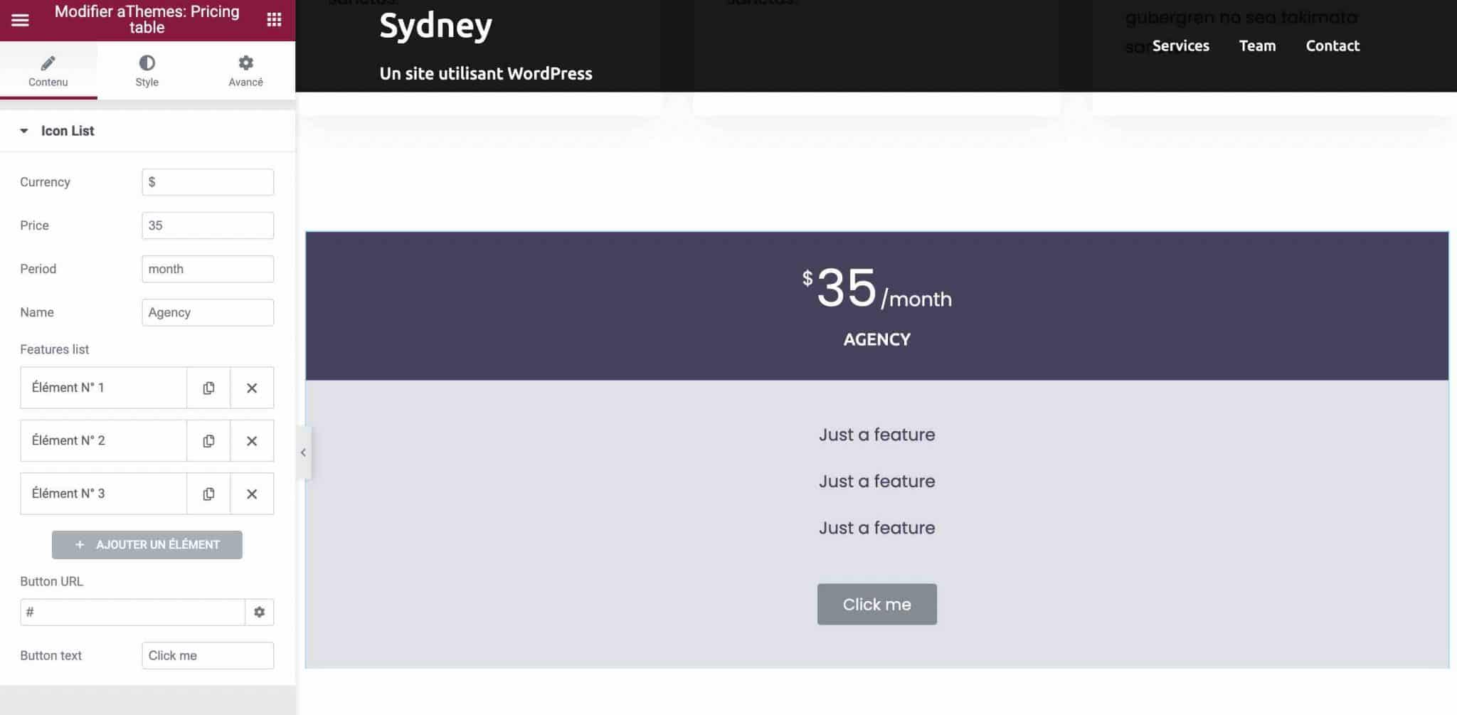 Le widget Tableau de prix proposé par Sydney sur Elementor.
