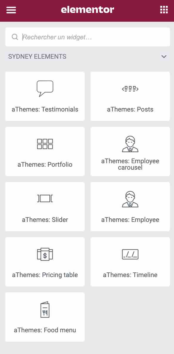 Les widgets Elementor proposés par Sydney.