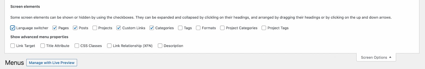 WordPress screen options menu.