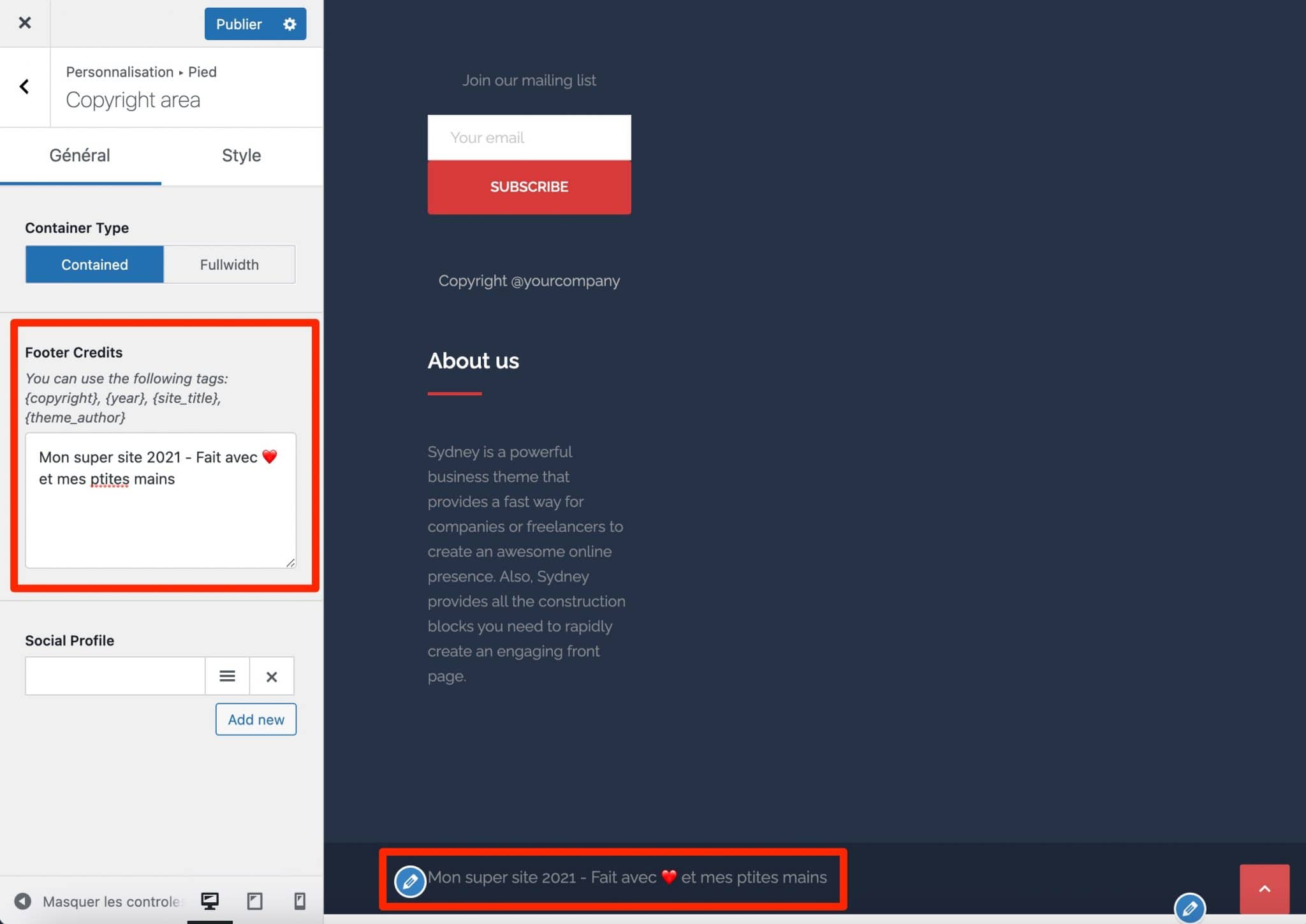 Réglages des crédits du footer sur le thème Sydney.