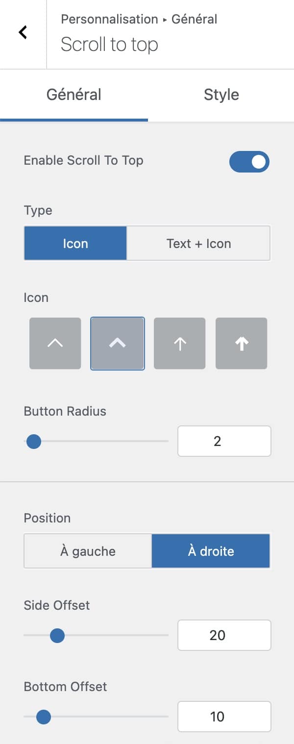 Les options de la flèche Scroll to top proposés par le thème Sydney sur WordPress.