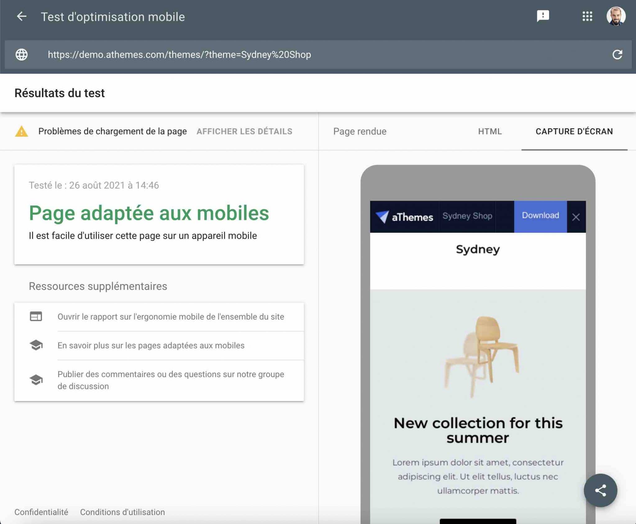 Test d'optimisation mobile de Google sur la démo « Shop » de Sydney.