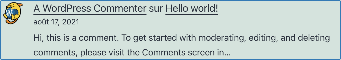Le bloc WordPress Derniers commentaires.