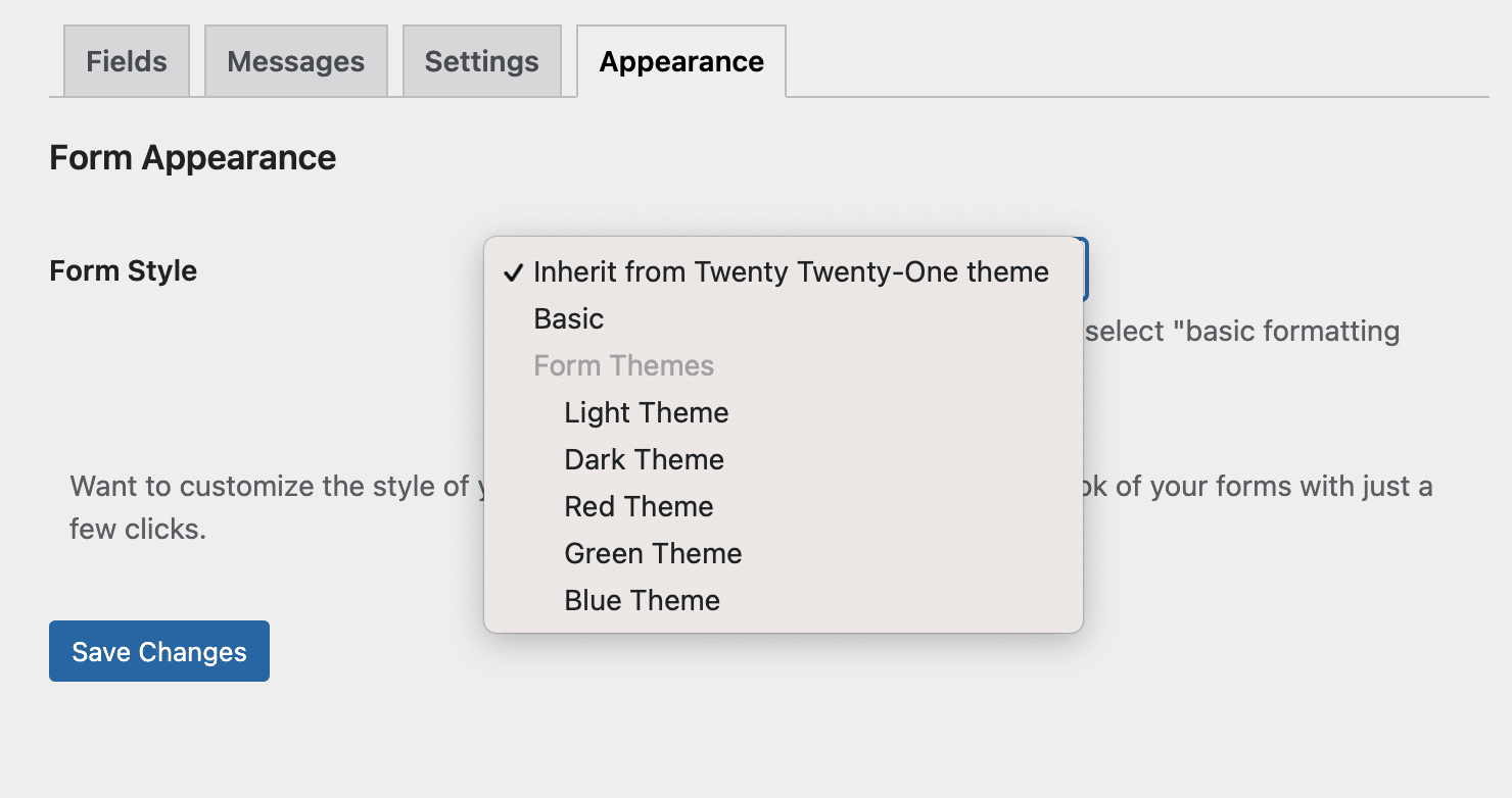 The Mailchimp appearance tab to customize the style of your form.