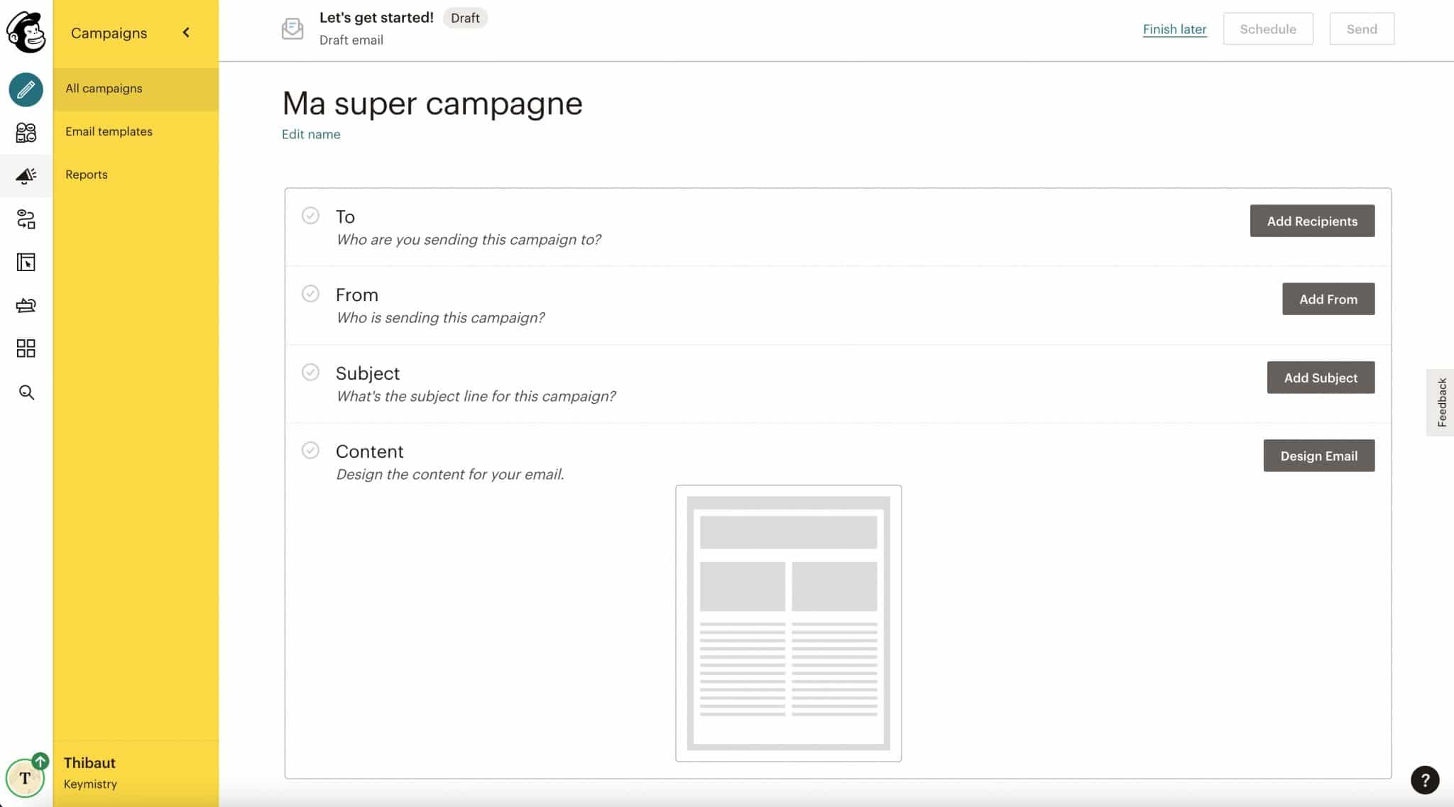 Création d'une campagne e-mail sur l'interface de Mailchimp.