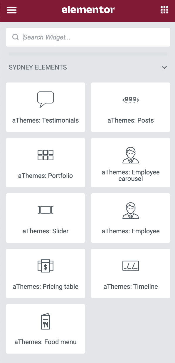 Elementor Sydney theme elements on WordPress.