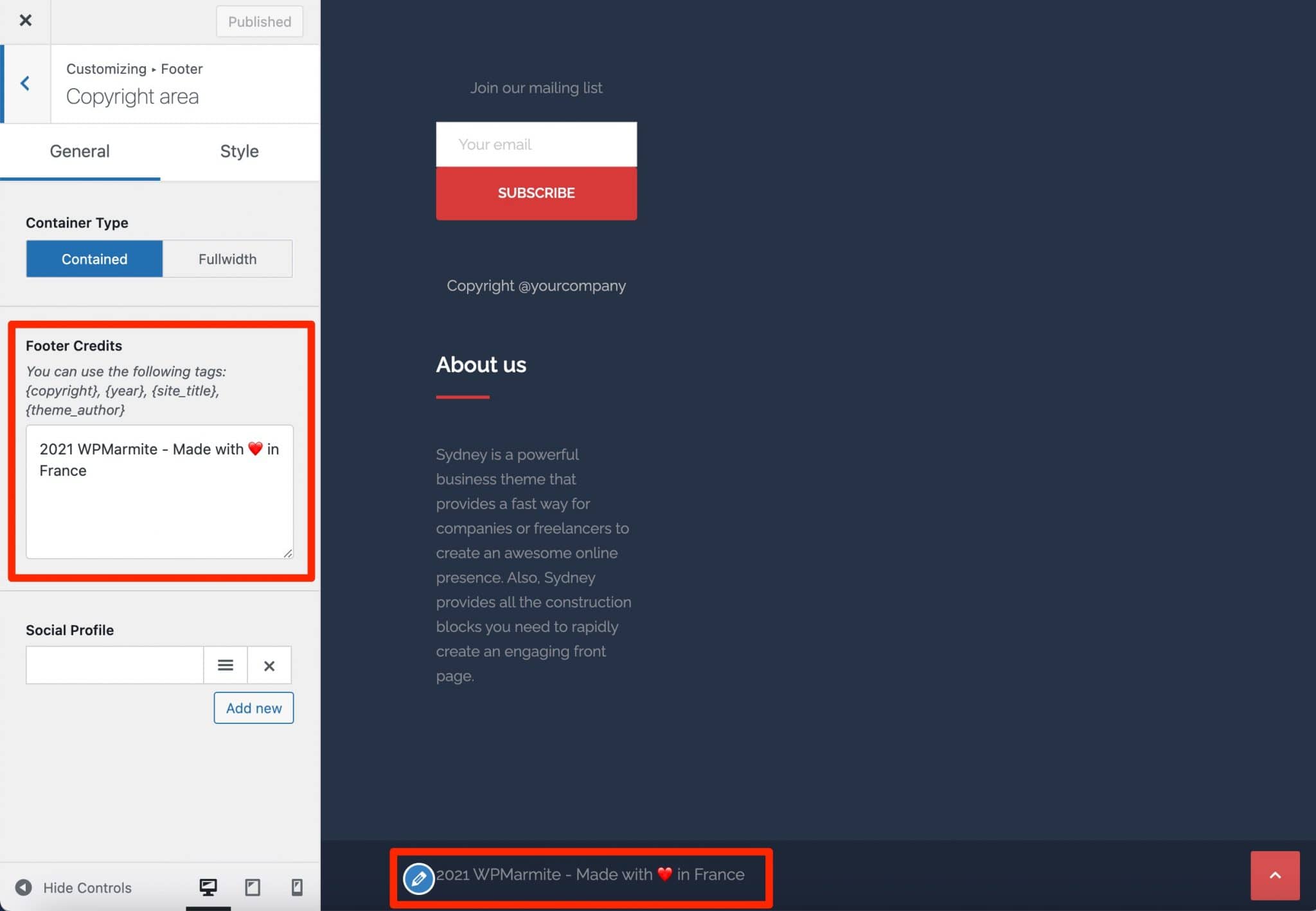 Footer credits settings on the Sydney theme.