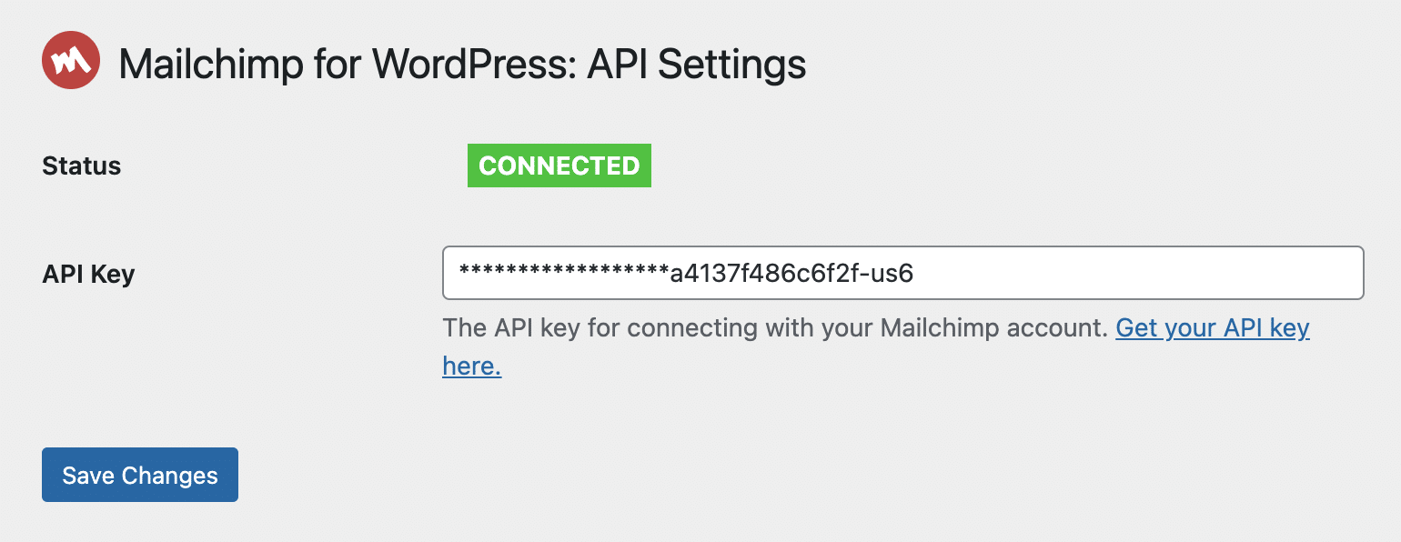 Activation of the Mailchimp API key on the WordPress back office.