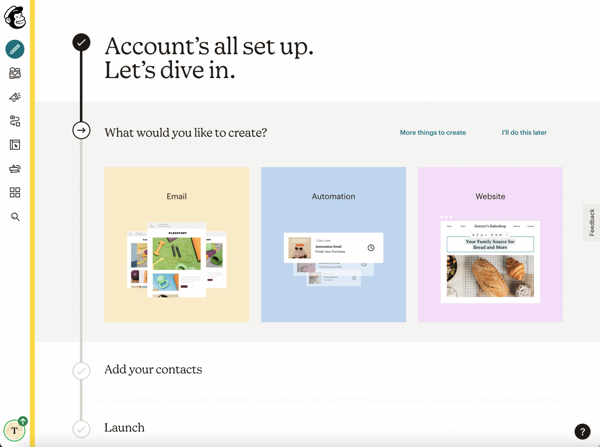 Mailchimp's dashboard after the account creation.