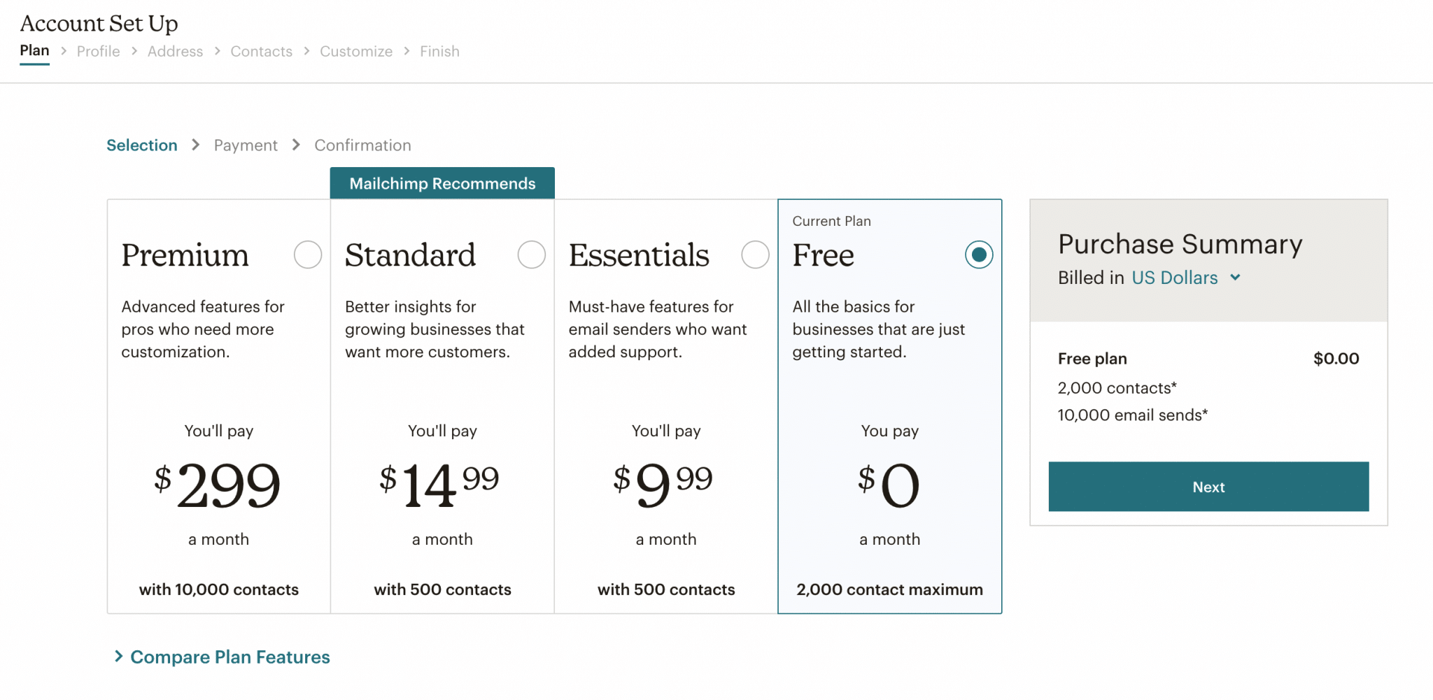 Compare plan features of Mailchimp.