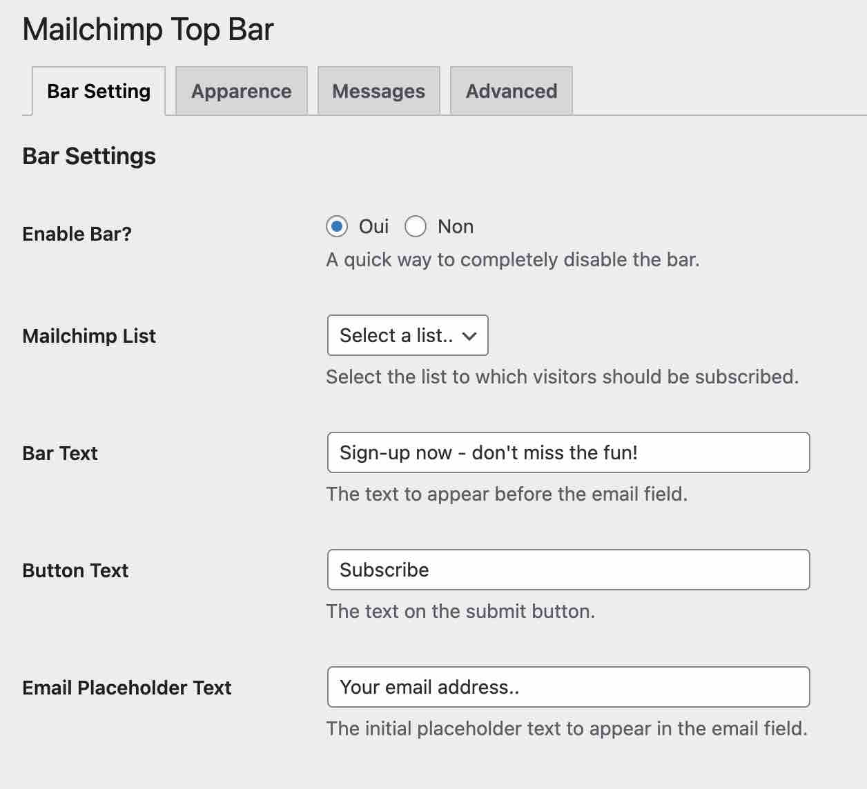 Les menus de réglages de l'extension Mailchimp Top Bar.