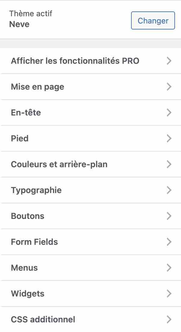 L'Outil de personnalisation avec les options de Neve.