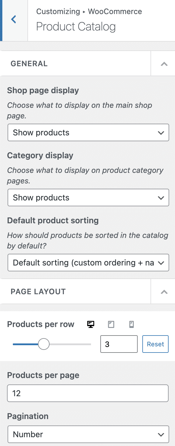 Product Catalog settings on the customization tool for Neve theme.