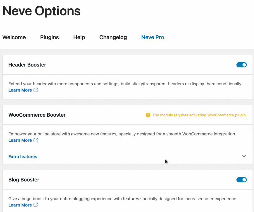 Neve Pro Options on WordPress.