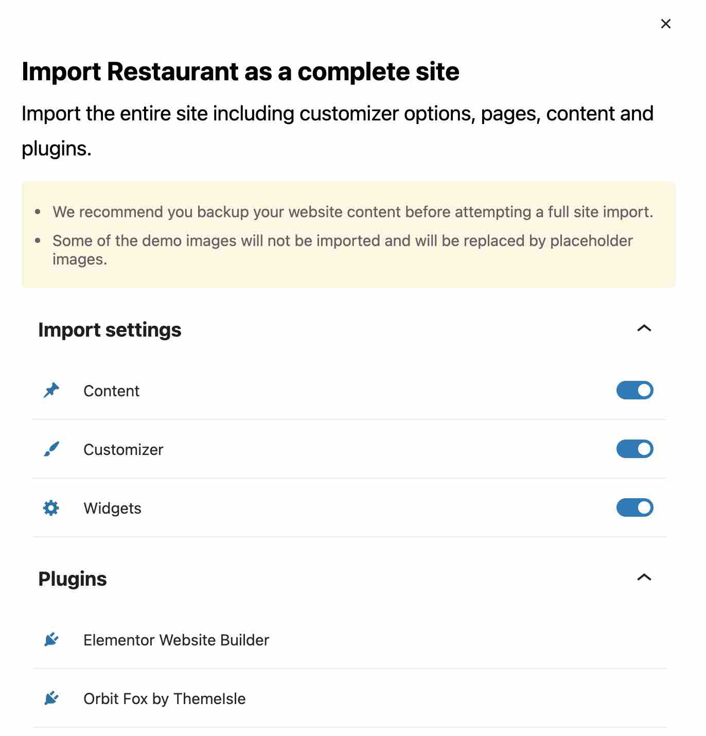 Import the Restaurant demo as a complete site on Neve theme.