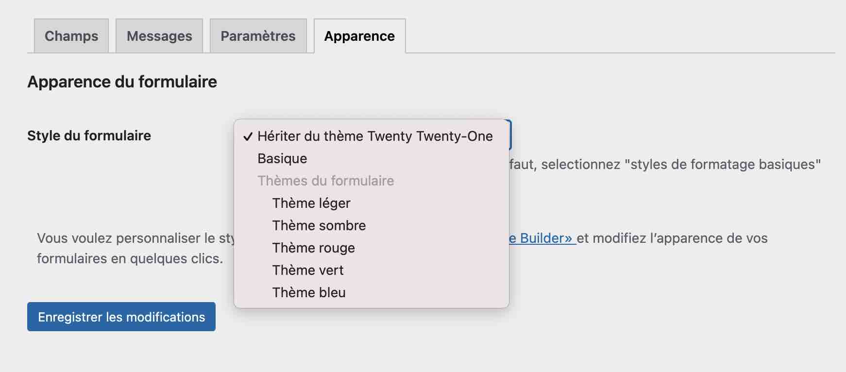 L'onglet Apparence sert à personnaliser le style de votre formulaire.
