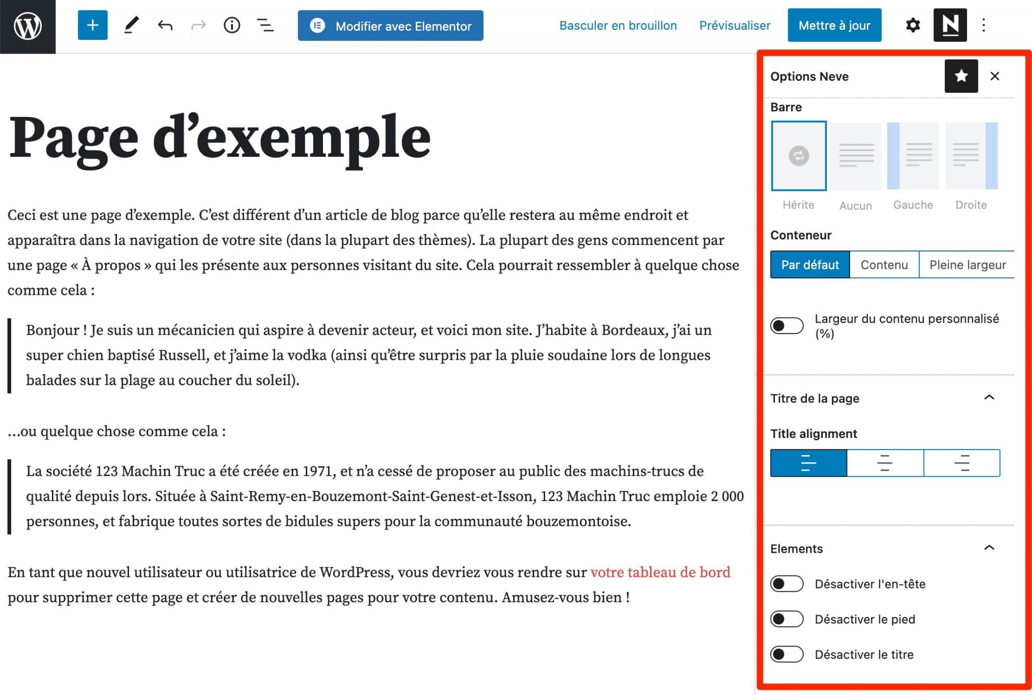 Les options de mise en page proposées par Neve sur l'éditeur de contenu de WordPress.