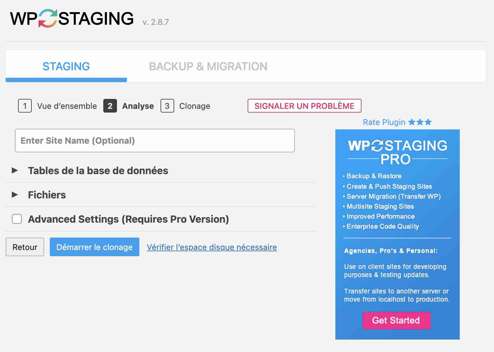 Clonade d'un site WordPress avec le plugin de migration WP Staging.