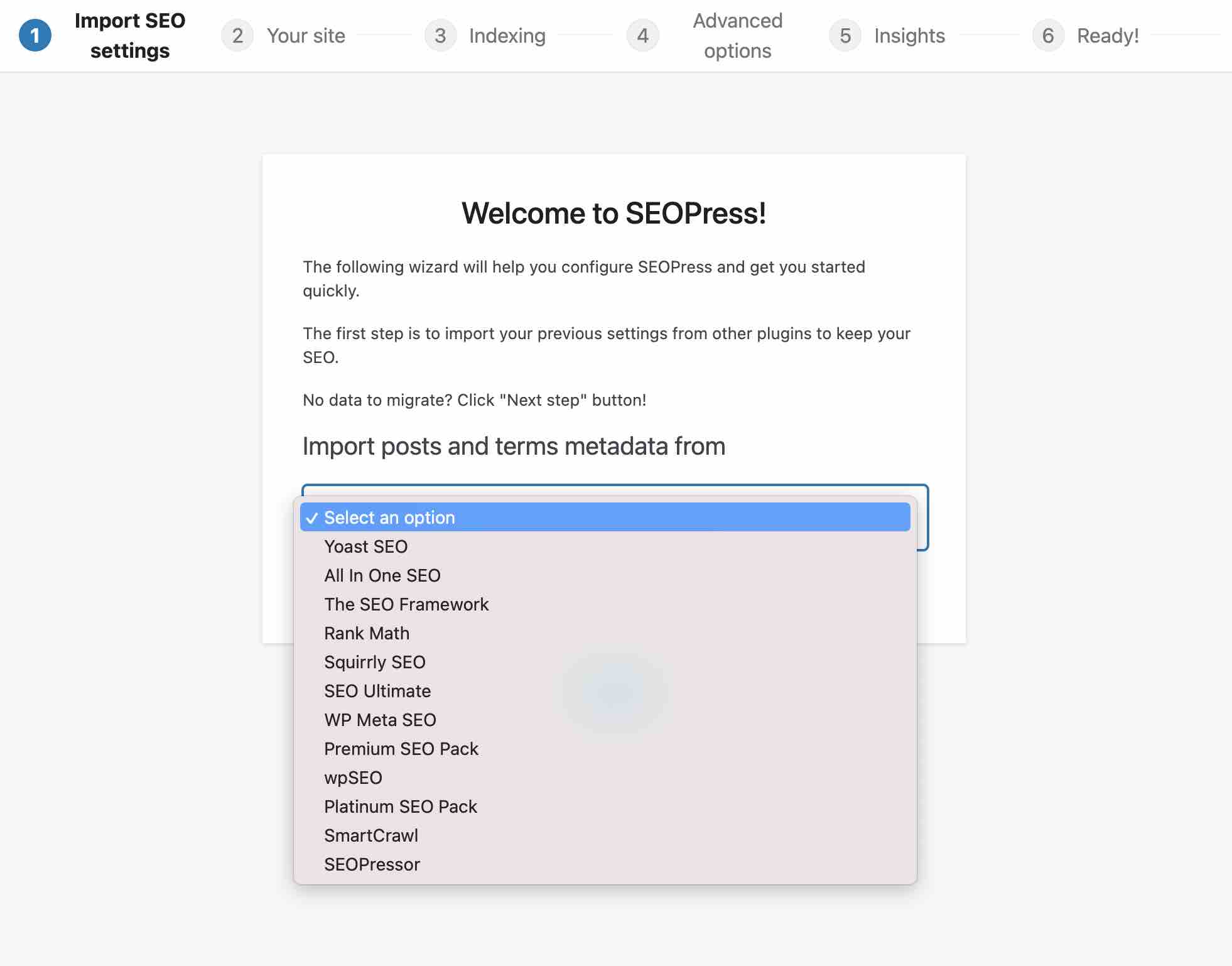 First step: Import SEO settings on the SEOPress plugin.