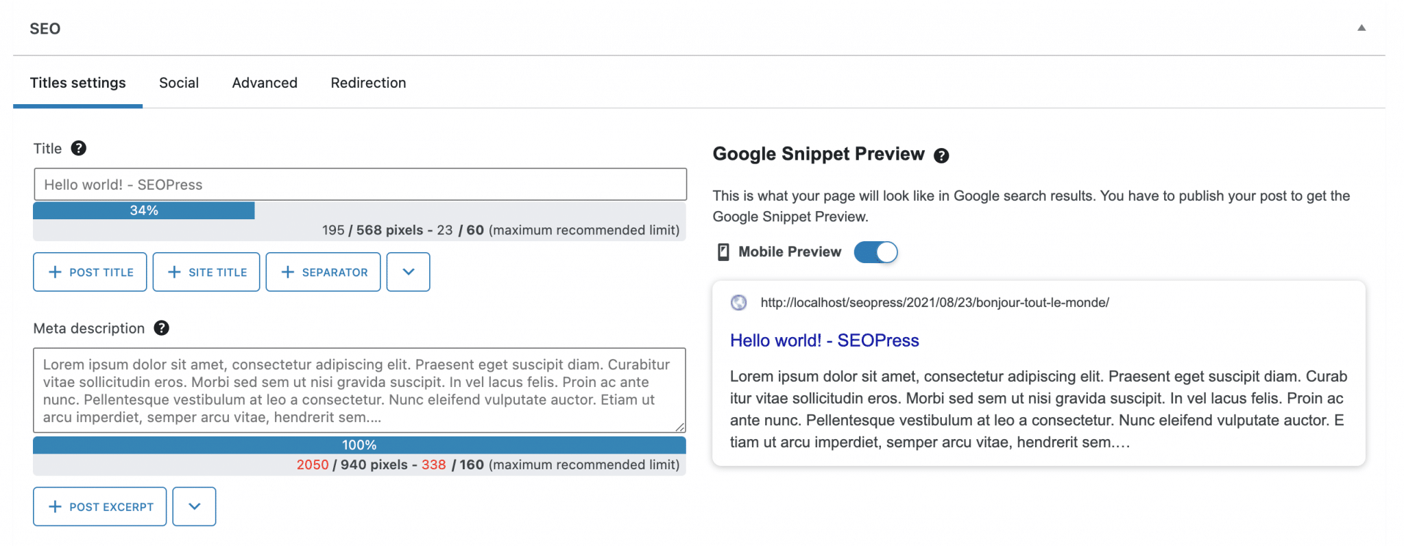 SEO and title settings with Google Snippet Preview on SEOPress.