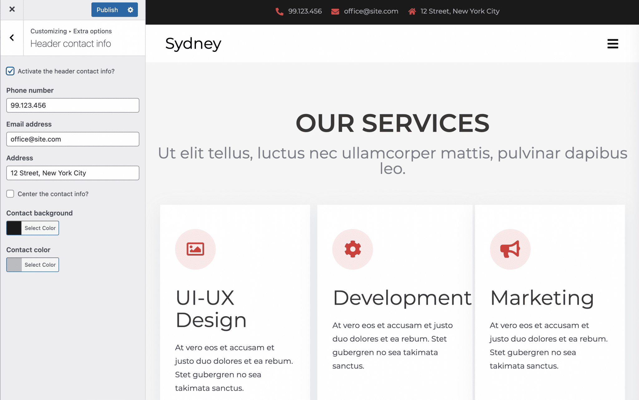 Customizing header contact info on WordPress for Sydney theme.