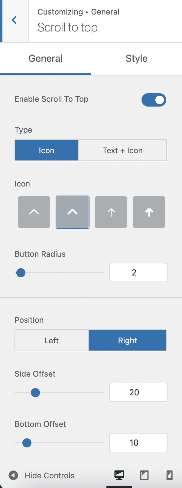 Scroll to top arrow options offered by the Sydney theme on WordPress.