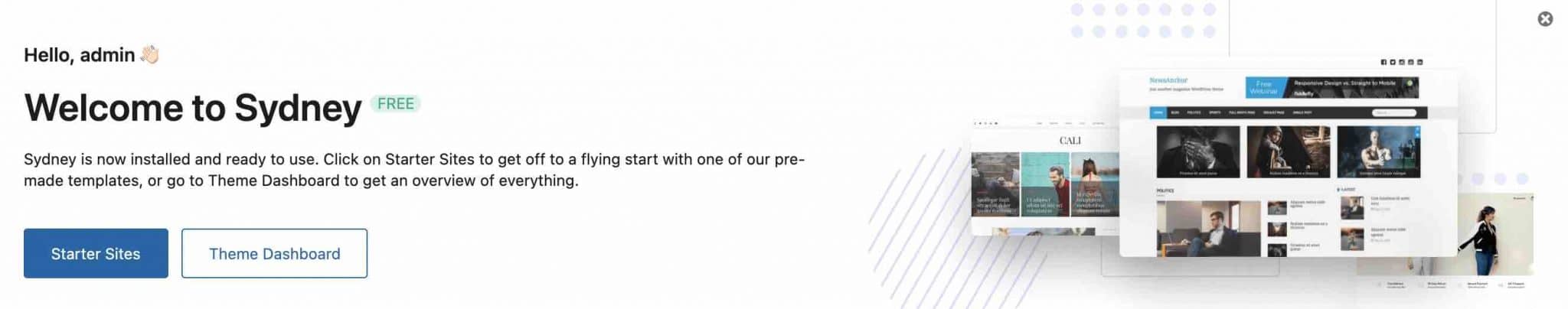 Notification bar presenting the Starter Sites of the Sydney theme on WordPress.