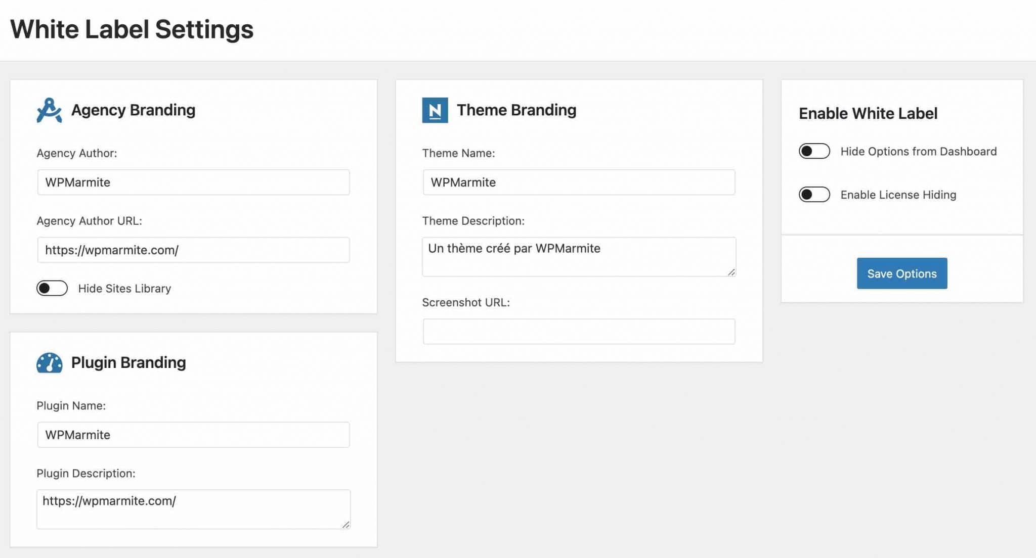 Réglages de la marque blanche.