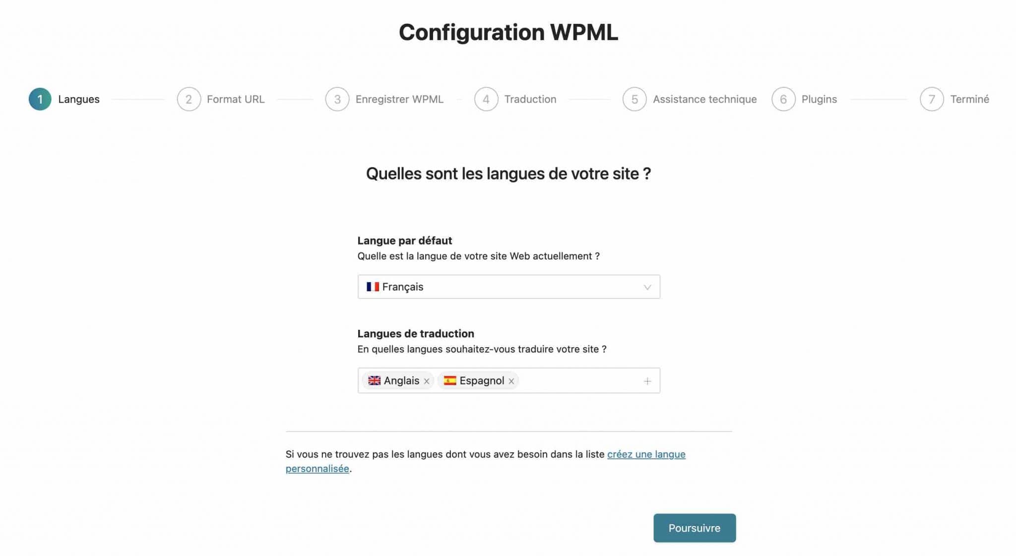 La configuration des langues sur l'assistant de WPML.