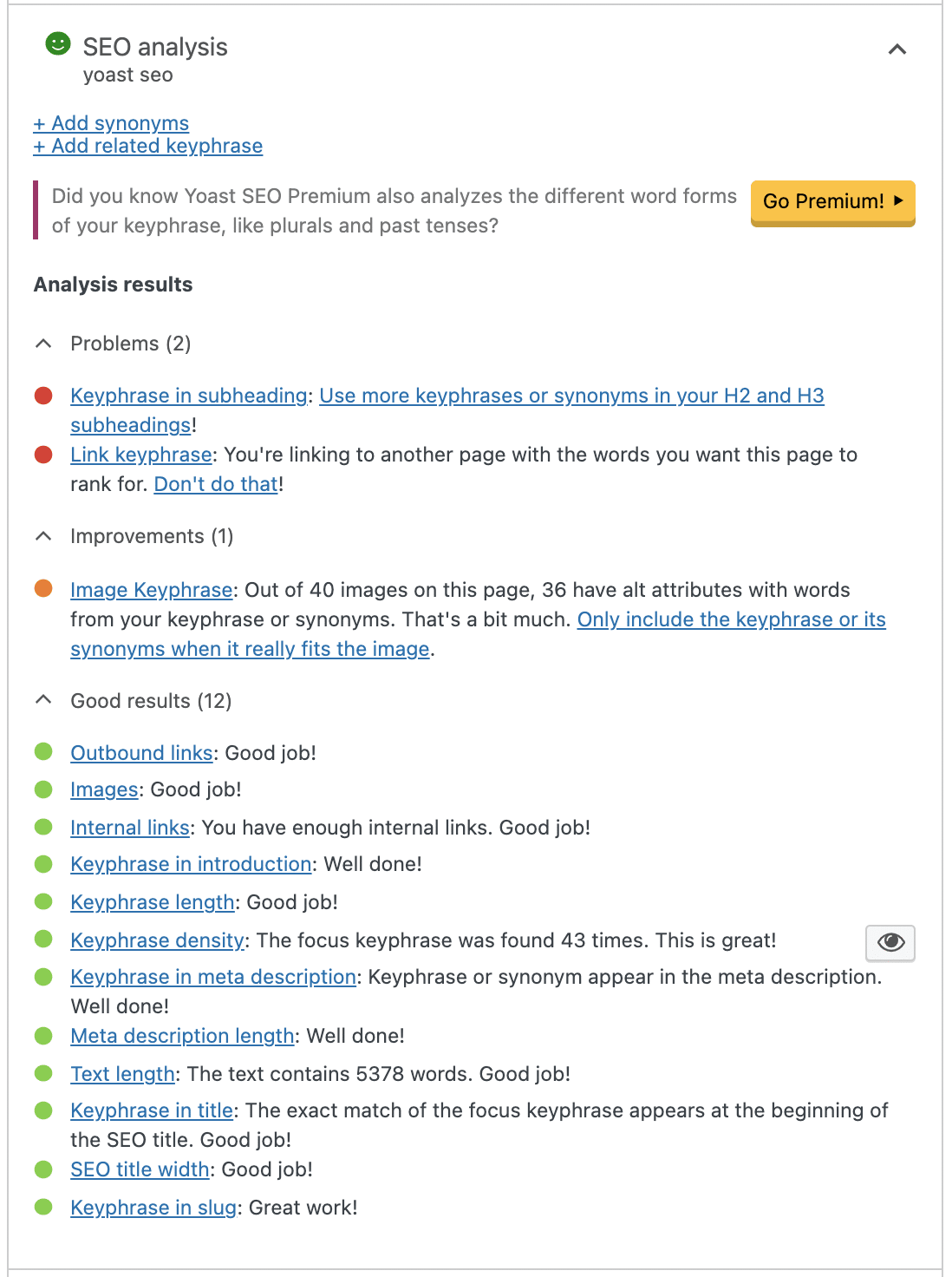 SEO analysis in Yoast SEO.