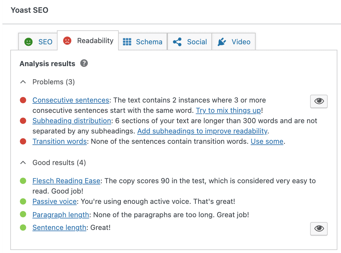 Readability analysis results of a post in Yoast SEO.