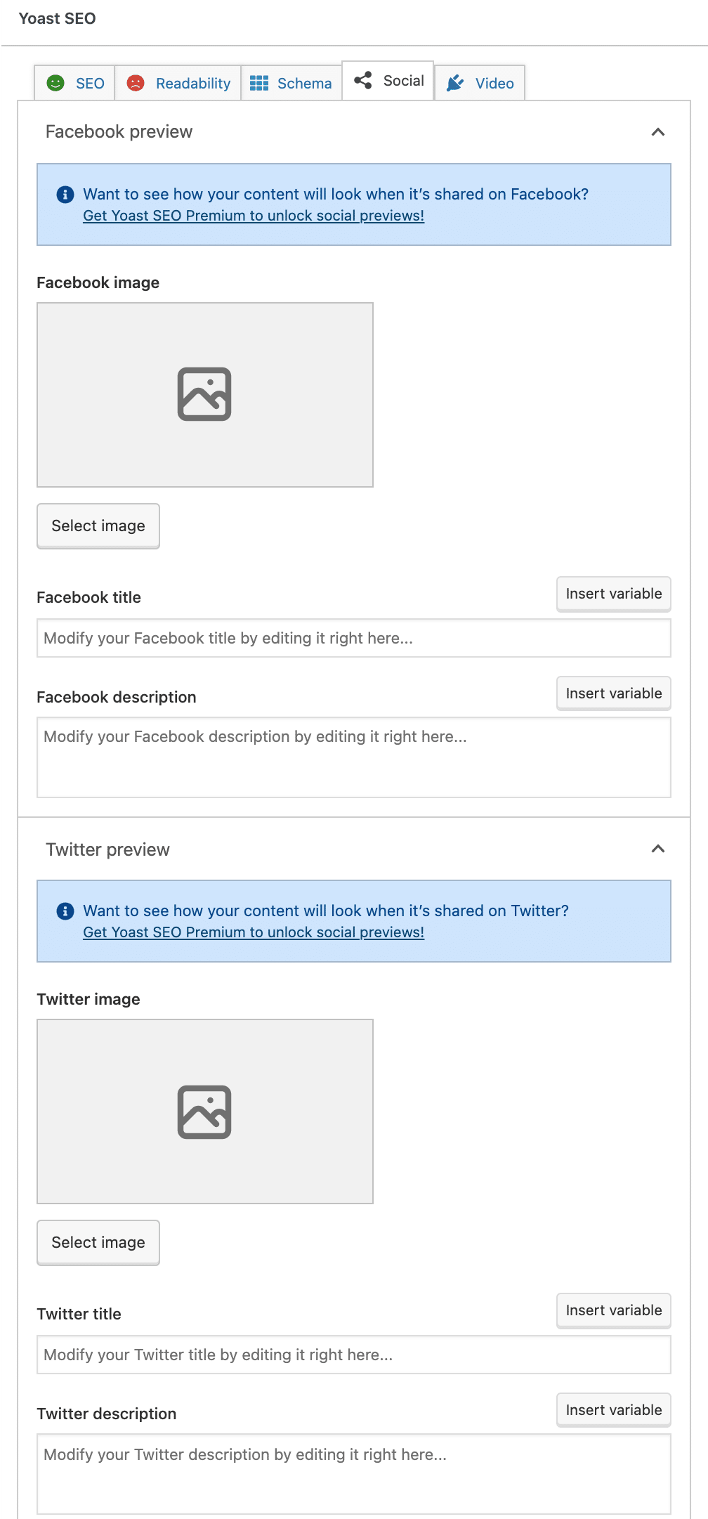 Social tab in Yoast SEO with Facebook and Twitter details.