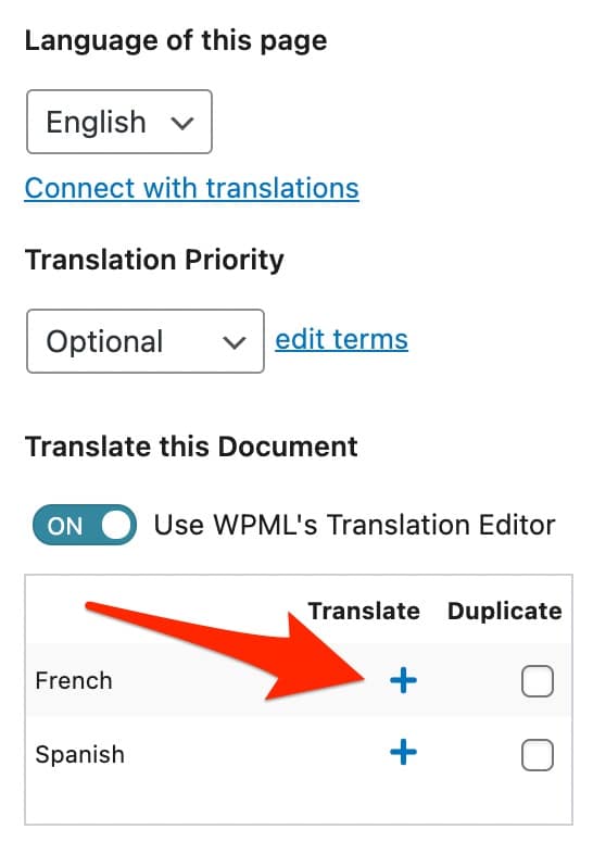 WPML language menu on the WordPress content editor, Gutenberg. 