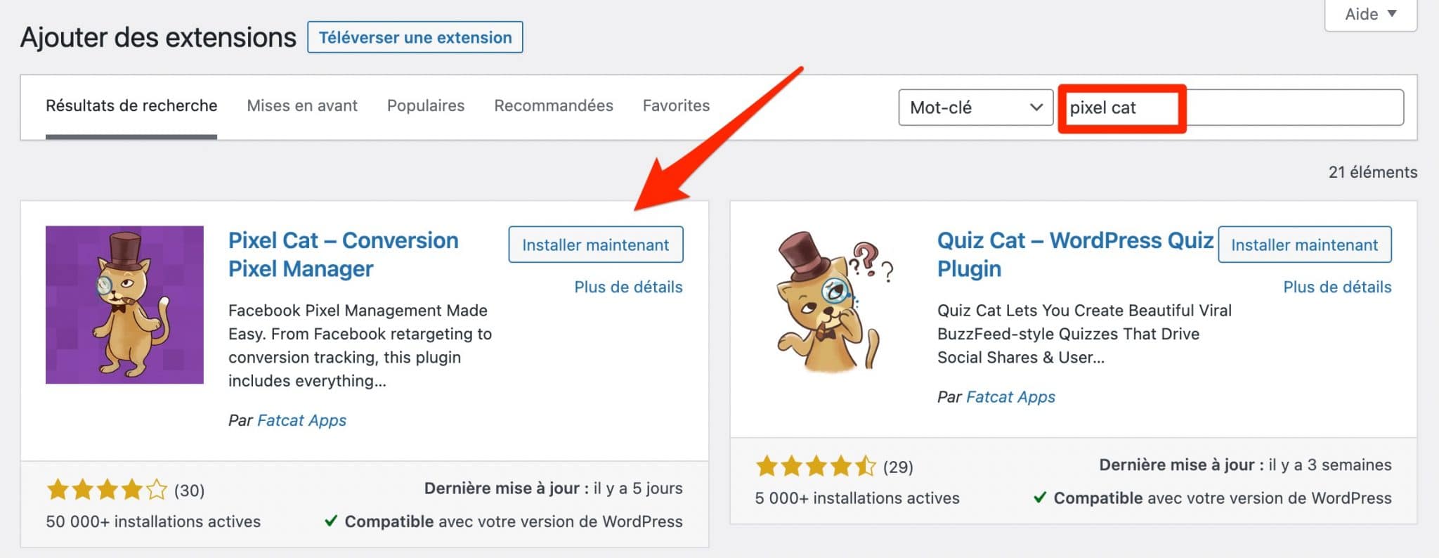 Installation et activation de l'extension Pixel Cat.