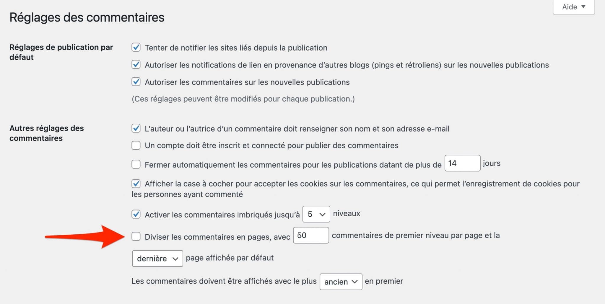 Réglages de la pagination des commentaires sur WordPress.