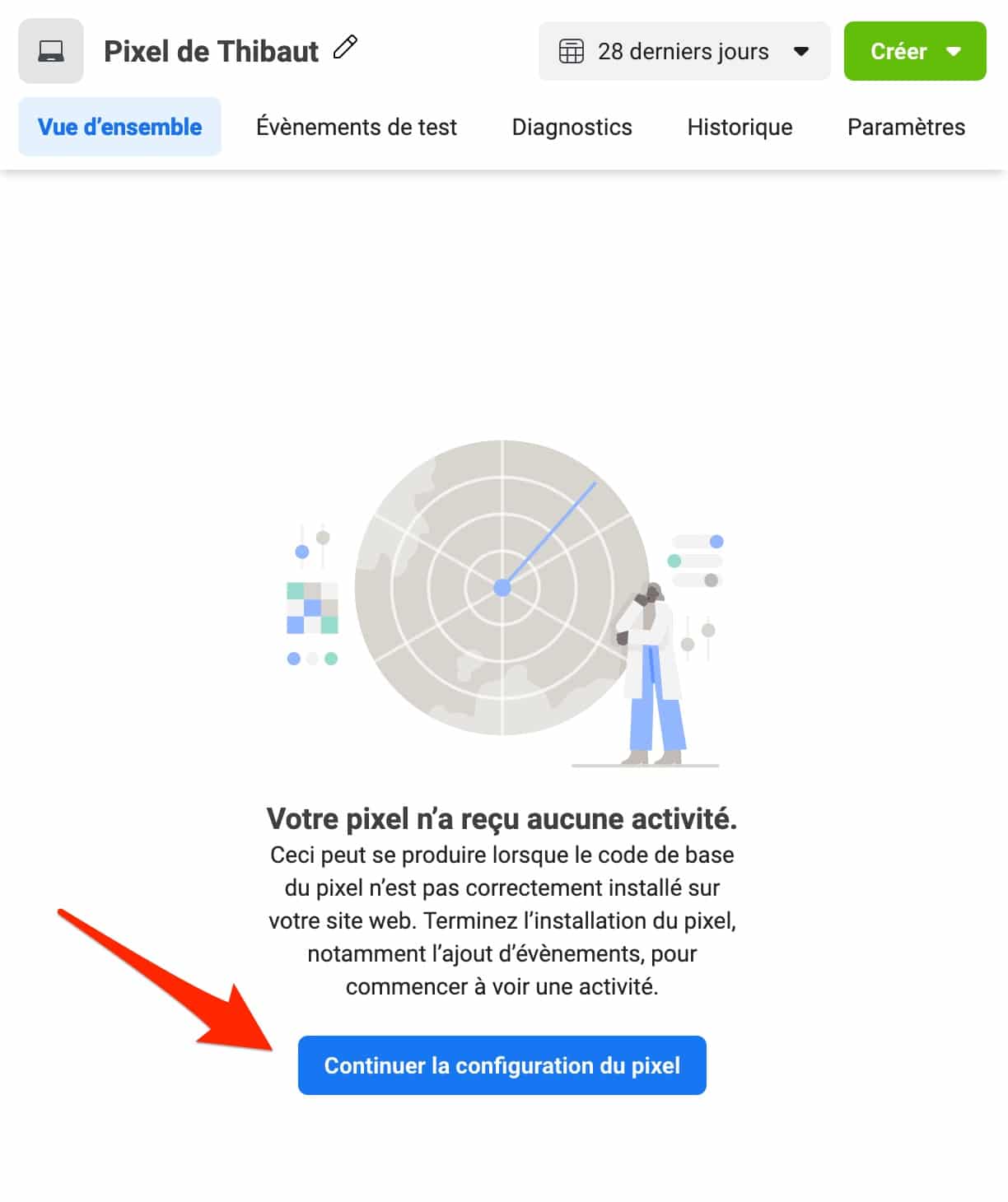 Continuer la configuration du pixel Facebook sur le Gestionnaire d'événements.