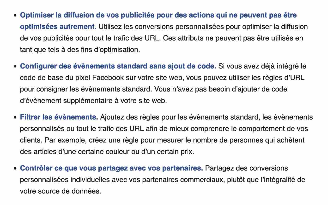 Usage des conversions personnalisées sur Facebook.