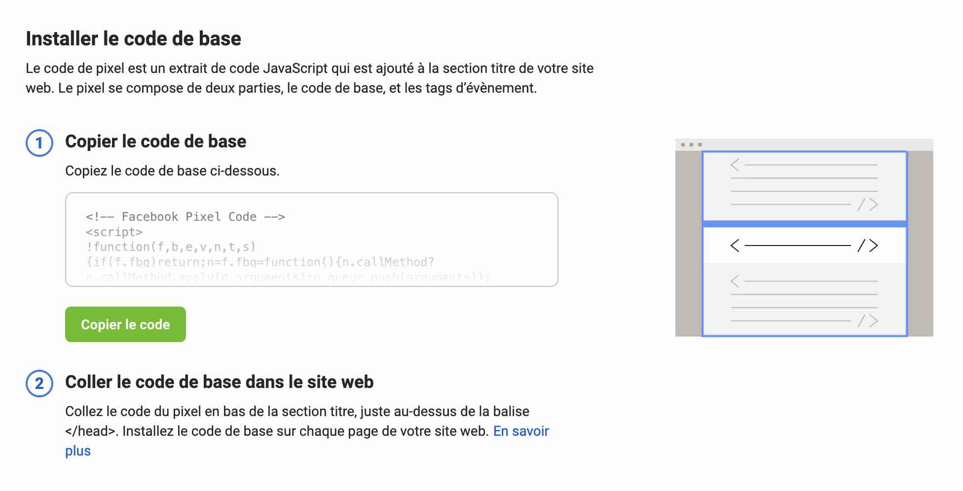 Vous pouvez installer le code de base du pixel FB à la main.
