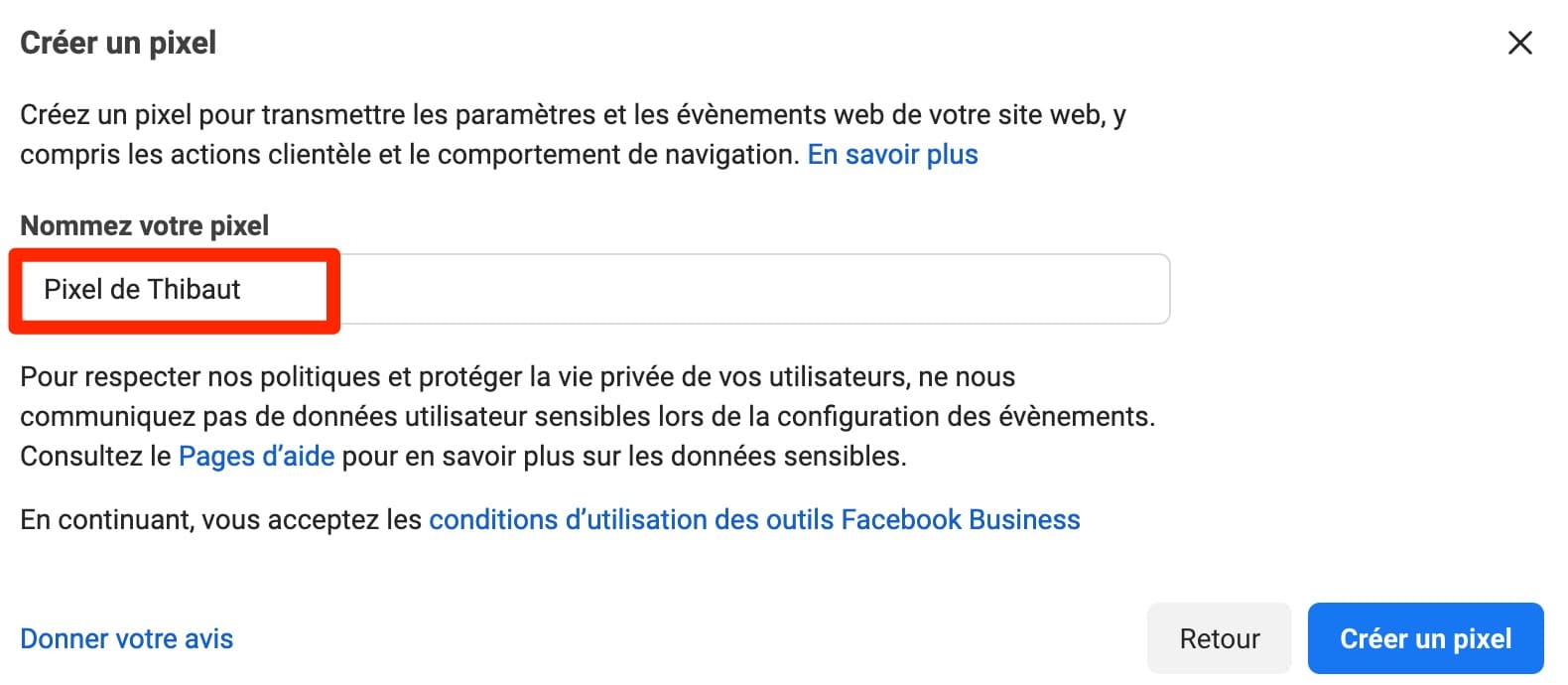 Donner un nom à un pixel Facebook.