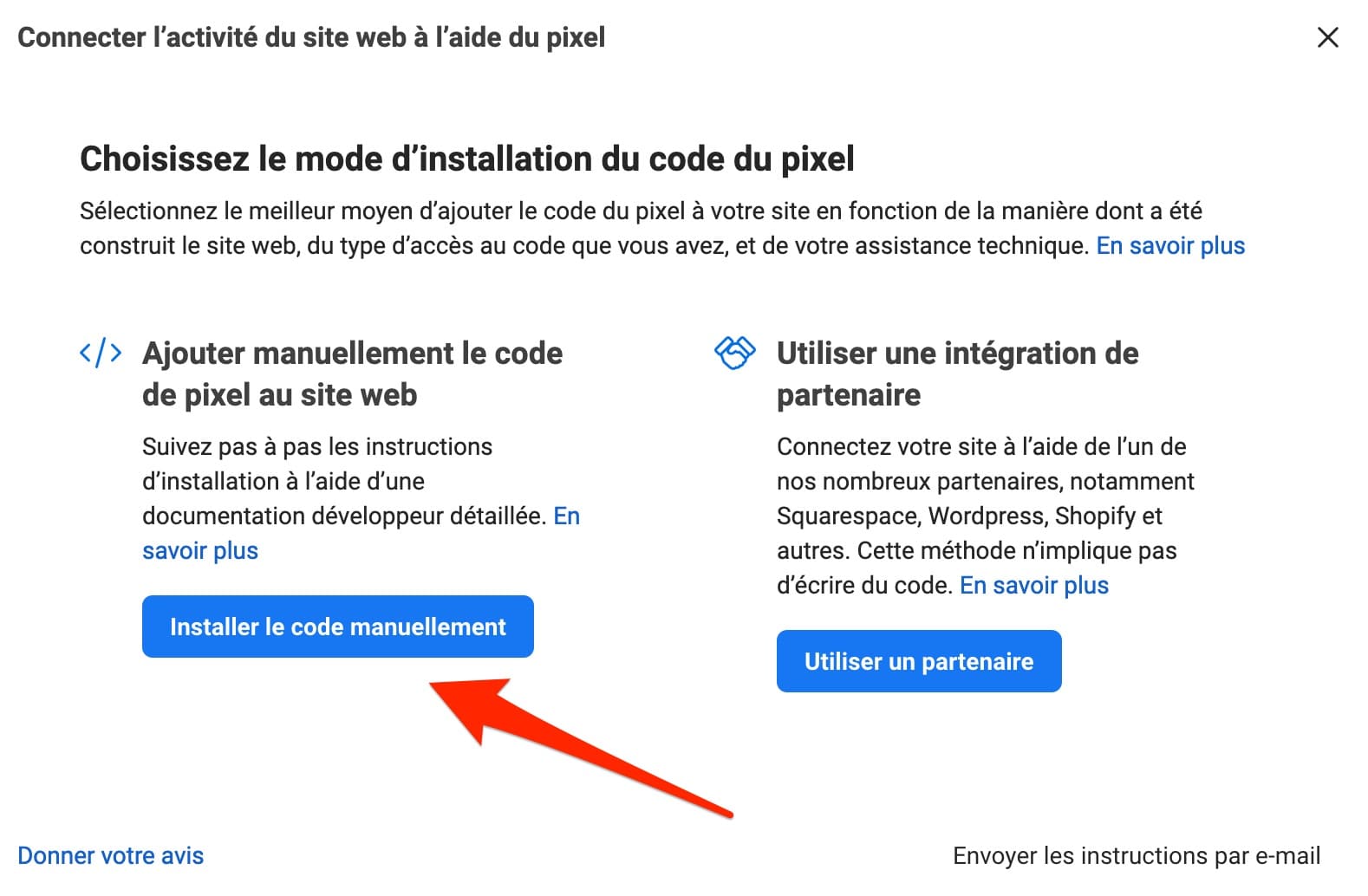 Le pixel Facebook peut aussi s'installer manuellement.