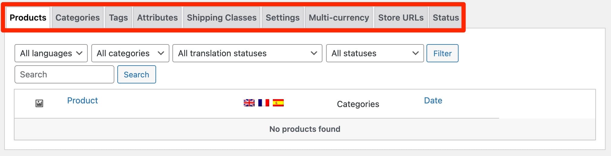 WooCommerce Multilingual has 8 tabs.