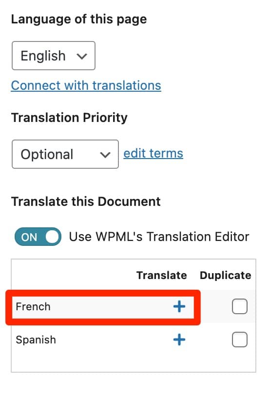 Translation into French with WPML.