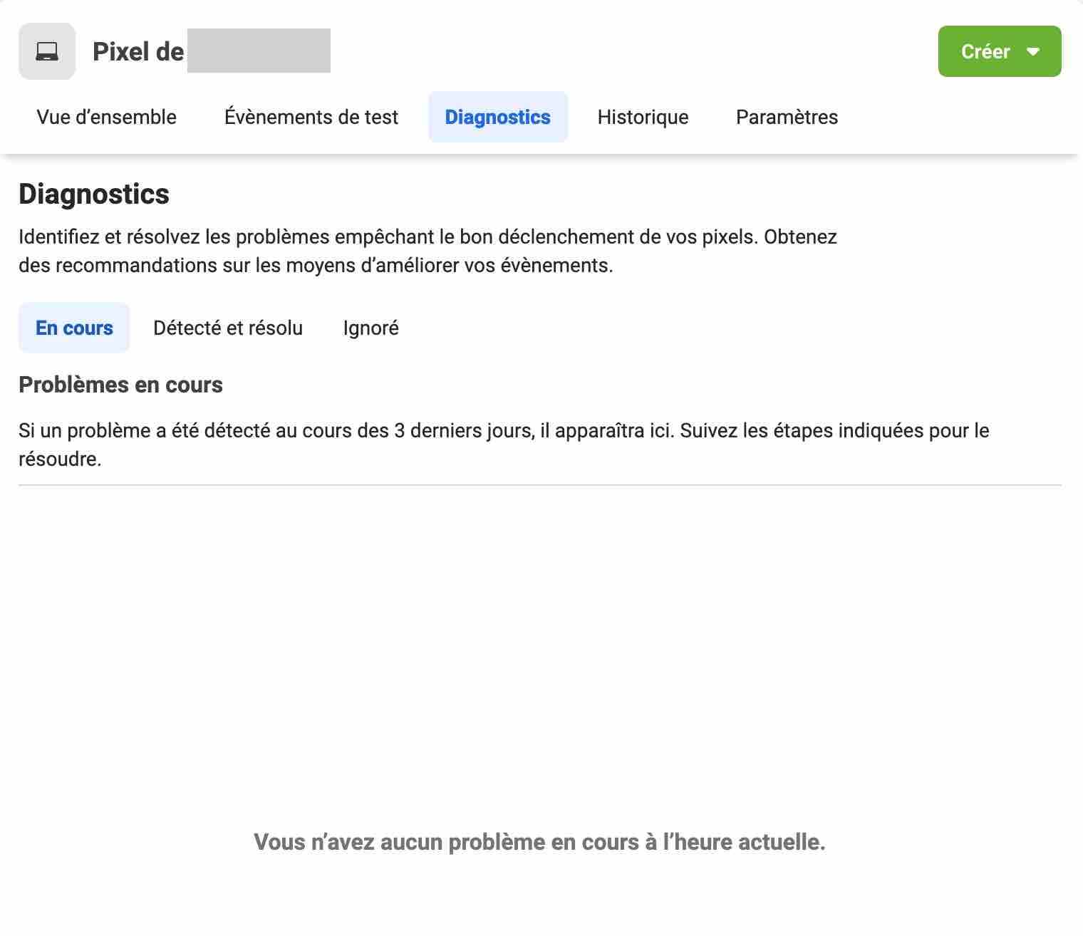 L'onglet Diagnostics du Gestionnaire d'événements Facebook.