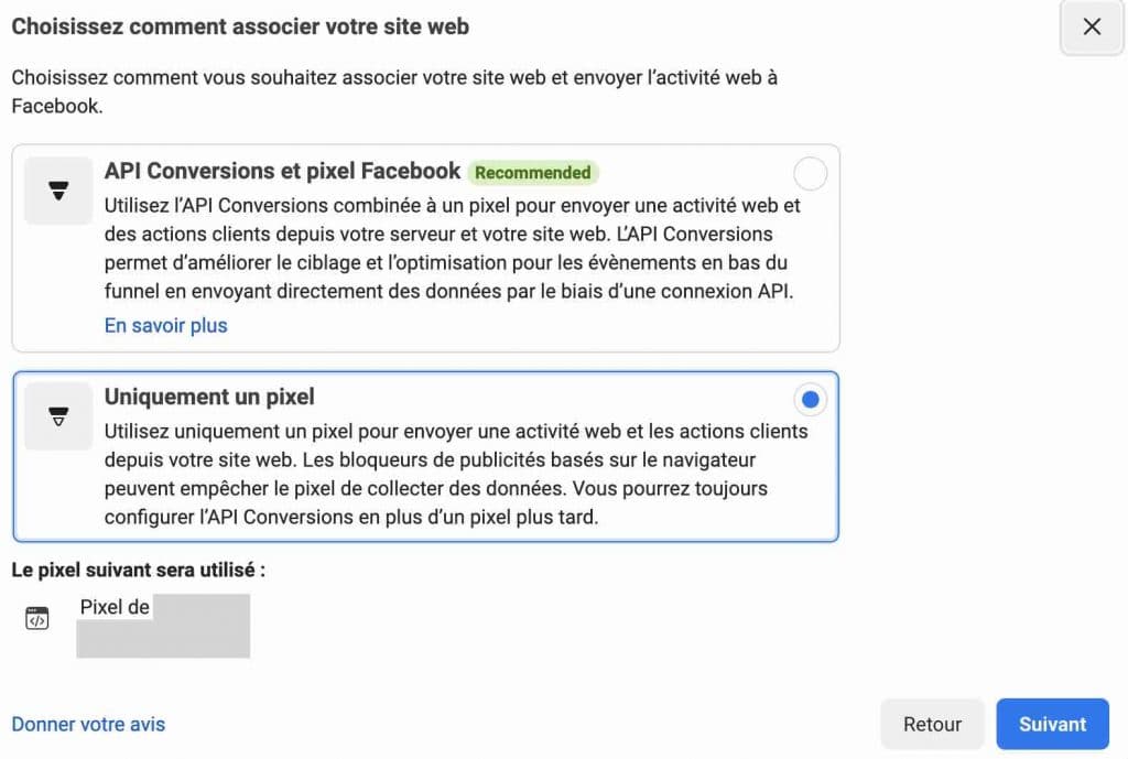 Choix d'une méthode pour ajouter le pixel Facebook manuellement.