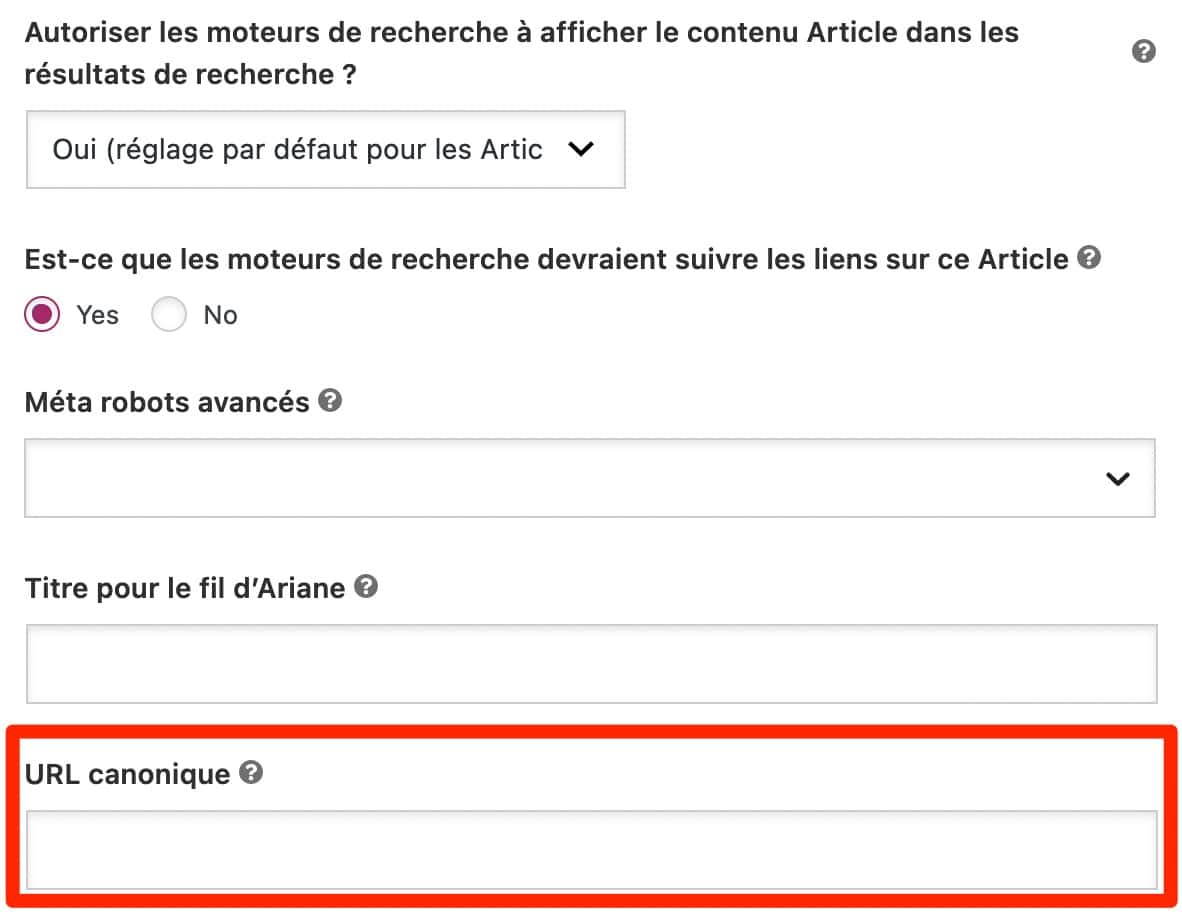Les réglages de Yoast SEO pour paramétrer une URL canonique.