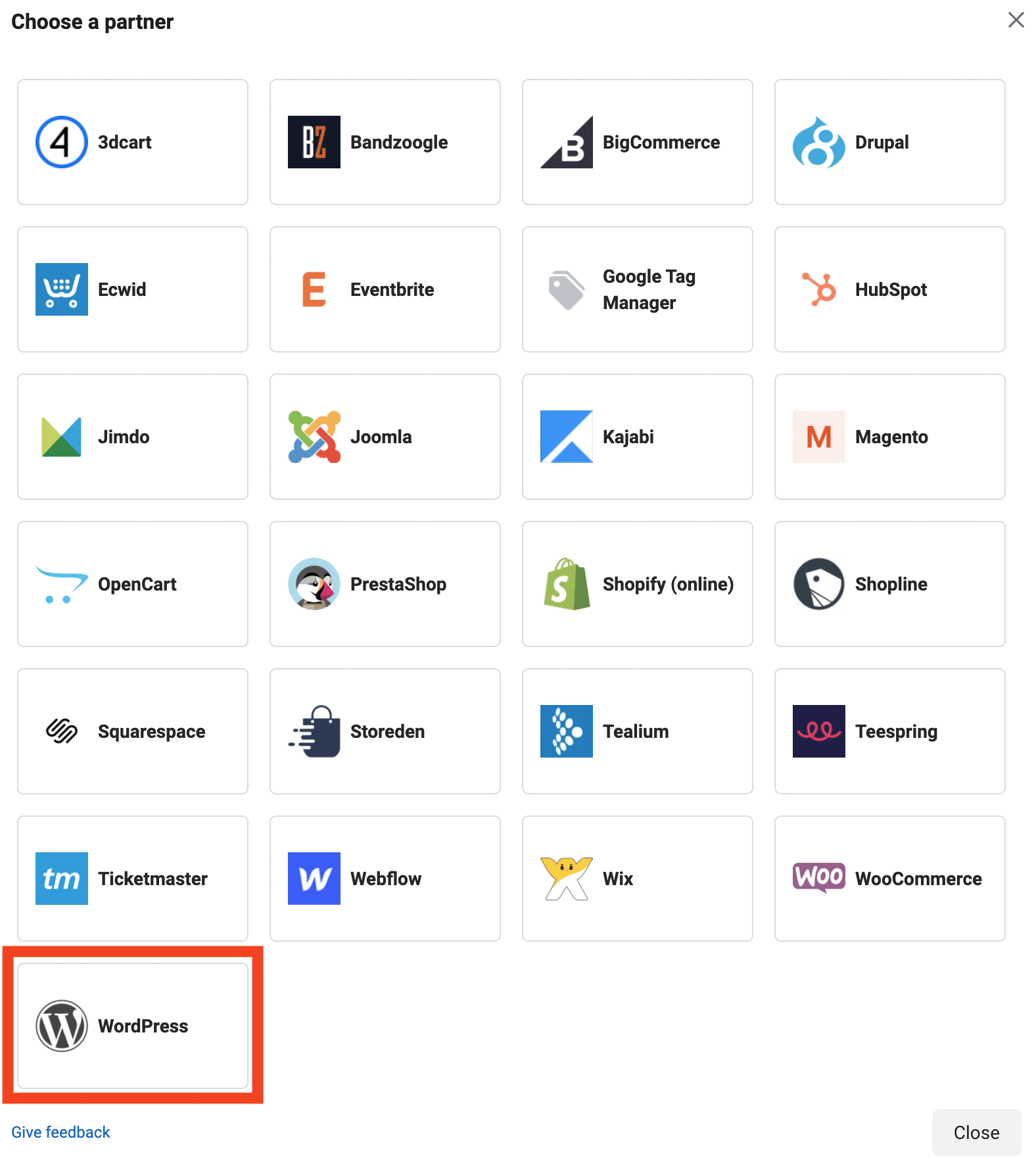 Choose a partner for your Facebook pixel (i.e. WordPress).