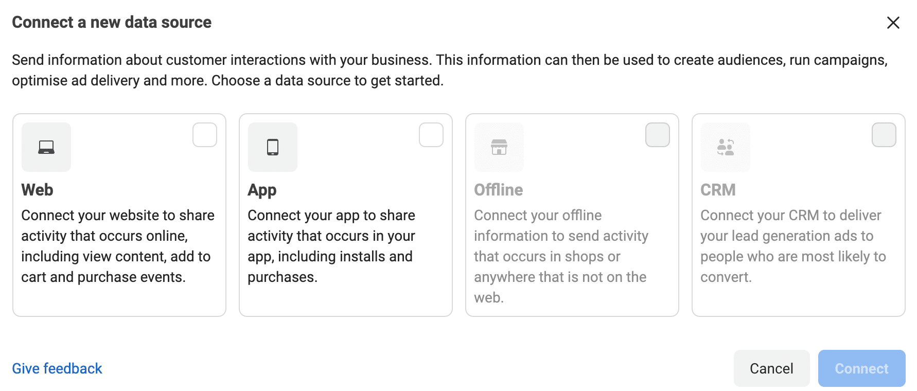 Connect a new data source on the Facebook Events Manager for the Facebook pixel.