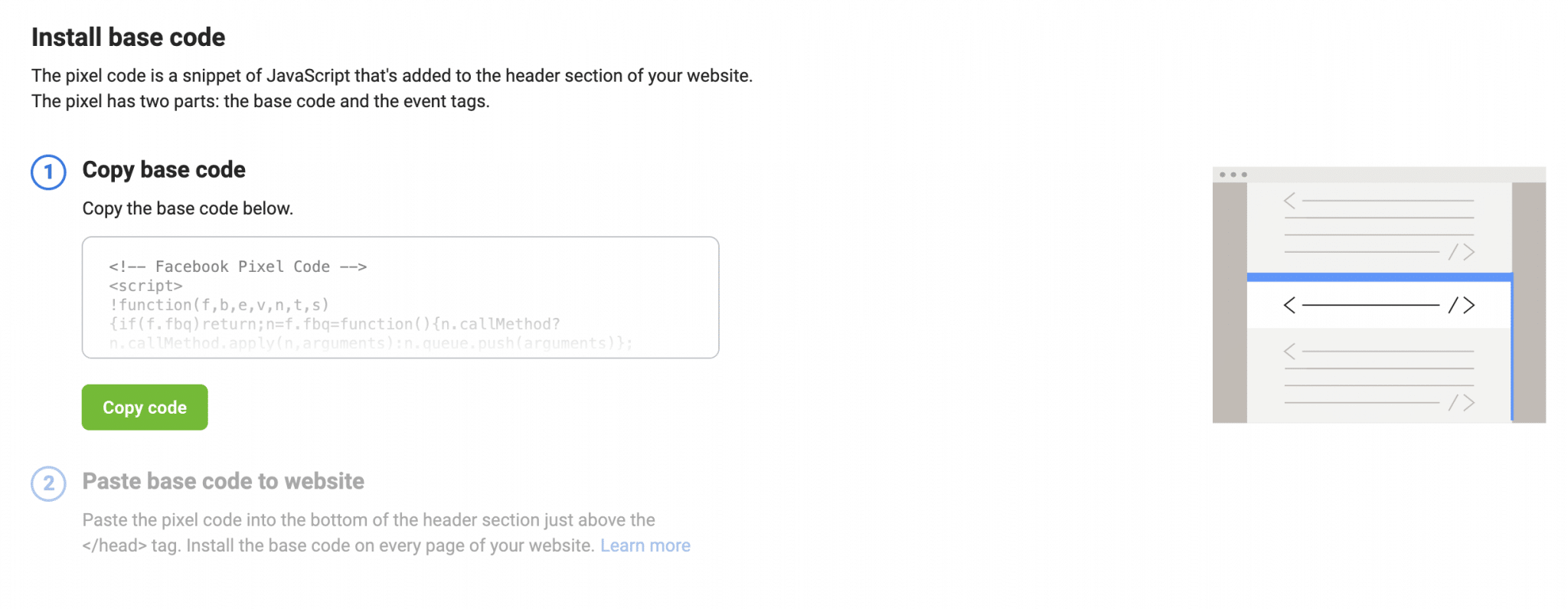 Copy base code of the Facebook pixel.