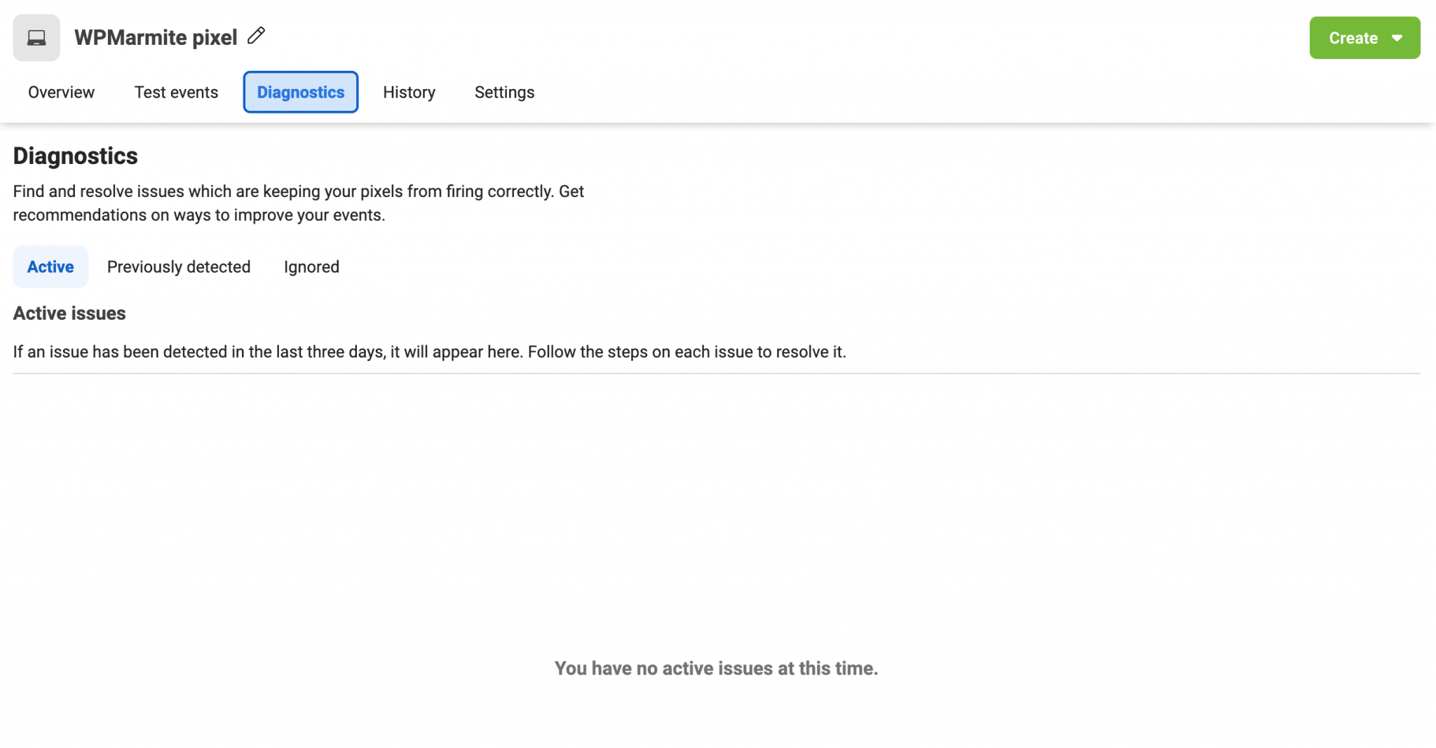 Facebook Events Manager Diagnostics tab with no active issue.